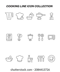 Industry concept. Collection of modern high quality cooking line icons. Editable stroke. Premium linear symbols of measuring cup, chefs hat, frying pan, recipe book, broken egg, microwave oven 
