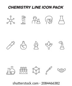 Industry concept. Collection of modern high quality chemistry line icons. Editable stroke. Premium linear symbols of chemical compound, laboratory bulb, chemist, flame, funnel etc 