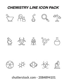 Industriekonzept. Sammlung von modernen Chemie-Linien-Symbolen. Bearbeitbarer Strich. Lineare Premium-Symbole von Mörtel, Pesteln, Waagen, Lupe, Mikroskop usw. 
