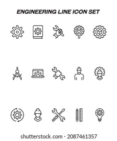 Industry concept. Collection of modern high quality engineering line icons. Editable stroke. Premium linear symbols of gear, cogwheel, wrench, builder, screwdriver etc 
