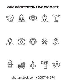 Industriekonzept. Sammlung von modernen, hochwertigen Feuerlöschlinien-Symbolen. Bearbeitbarer Strich. Qualitativ hochwertige lineare Symbole für Feuermeldesysteme, Feuerlöschschläuche, Flammen, Hydranten, Lastkraftwagen, Transporter, Feuerwehrmann 