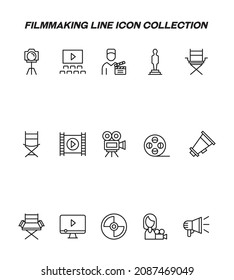 Industry concept. Collection of modern high quality filmmaking line icons. Editable stroke. Premium linear symbols of photo camera, cinema hall, film director, loud speaker, cine film 
