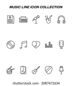 Industry concept. Collection of modern high quality music line icons. Editable stroke. Premium linear symbols of speaker, microphone, musical note, synthesizer, drums, guitar, sound bar, mediator 


