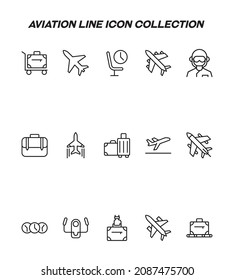 Industry concept. Collection of modern high quality aviation line icons. Editable stroke. Premium linear symbols of luggage, plane, pilot, cabin, seat, clocks 