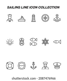 Industry concept. Collection of modern high quality sailing line icons. Editable stroke. Premium linear symbols of sailor, ship, lighthouse, radar, anchor etc 
