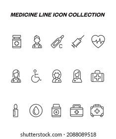 Industry concept. Collection of modern high quality medicine line icons. Editable stroke. Premium linear symbols of female doctor, syringe, pulse, blood drop, wheelchair 
