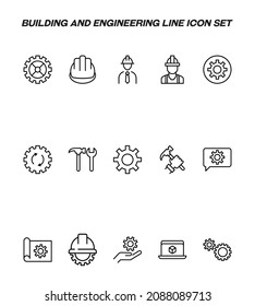 Industry concept. Collection of modern high quality building and engineering line icons. Editable stroke. Premium linear symbols of helmet, building constructor, mechanism, cogwheel