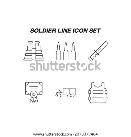 Industry concept. Collection of modern high quality soldier line icons. Editable stroke. Premiul linear symbols of bullet shell, bulletproof vest, military award, knife, army car
