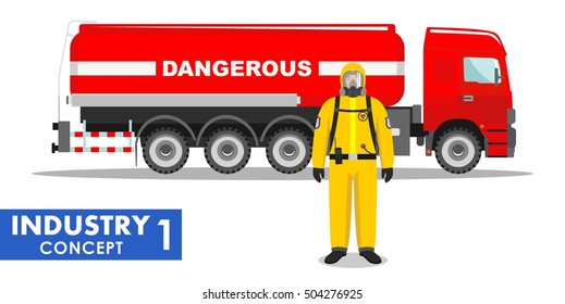 Industry concept. Detailed illustration of cistern truck carrying chemical, radioactive, toxic, hazardous substances and worker in protective suit on white background in flat style. Vector.