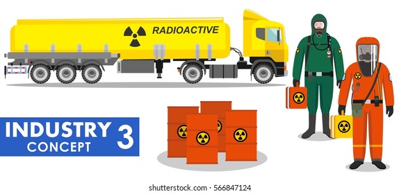 Industry concept. Detailed illustration of cistern truck carrying chemical, radioactive, toxic, hazardous substances and workers in protective suit on white background in flat style. Vector.