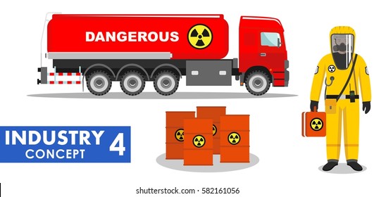 Industry concept. Detailed illustration of cistern truck carrying chemical, radioactive, toxic, hazardous substances and worker in protective suit on white background in flat style. Vector