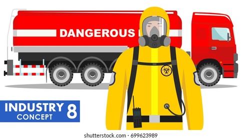 Industry concept. Detailed illustration of cistern truck carrying chemical, radioactive, toxic, hazardous substances and worker in protective suit on white background in flat style. Vector.