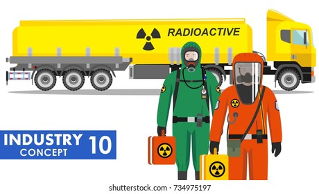 Industry concept. Detailed illustration of cistern truck carrying chemical, radioactive, toxic, hazardous substances and workers in protective suit on white background in flat style. Vector.