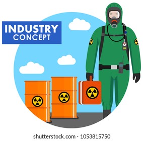 Industry concept. Detailed illustration of worker in protective suit on background of barrels with chemical, radioactive, toxic, hazardous substances in flat style. Vector illustration.