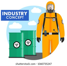 Industry concept. Detailed illustration of worker in protective suit on background of barrels with chemical, radioactive, toxic, hazardous substances in flat style. Vector illustration.