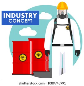 Industry concept. Detailed illustration of worker in protective suit on background of barrels with chemical, radioactive, toxic, hazardous substances in flat style. Vector illustration.