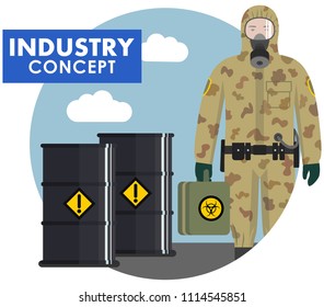 Industry concept. Detailed illustration of worker, soldier in camouflage protective suit on background of barrels with chemical, radioactive, toxic, hazardous substances in flat style. Vector.