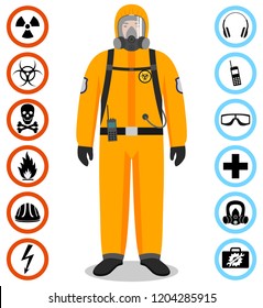 Industry concept. Detailed illustration of worker in orange protective suit. Safety and health vector icons. Set of signs: chemical, radioactive, dangerous, toxic, poisonous, hazardous substances.