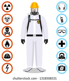 Industry concept. Detailed illustration of worker in white protective suit. Safety and health vector icons. Set of signs: chemical, radioactive, dangerous, toxic, poisonous, hazardous substances.