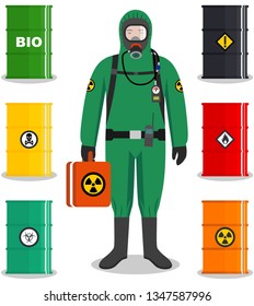 Industry concept. Detailed illustration of worker in protective suit. Metal barrels for oil, biofuel, explosive, chemical, radioactive, toxic, hazardous, dangerous, flammable and poisonous substances.