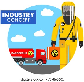 Industry concept. Detailed illustration of worker in protective suit on background with cistern truck carrying chemical, radioactive, toxic, hazardous substances in flat style. Vector illustration.