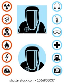 Industry concept. Differences people characters avatars icons. Worker in protective suit. Safety vector icon. Set of signs: chemical, radioactive, dangerous, toxic, poisonous, hazardous substances.
