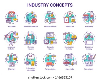 Conjunto de iconos de concepto de la industria. Desarrollo tecnológico. Fabricación, prestación de servicios, investigación y desarrollo de ilustraciones de línea delgada. Dibujos de contorno aislados de vectores. Trazo editable