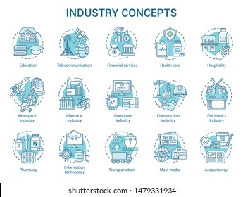 Industry concept icons set. Technology development. Manufacturing, provide service, research and development idea thin line illustrations. Vector isolated outline drawings. Editable stroke