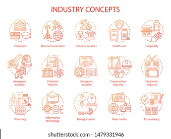 Industry concept icons set. Technology development. Manufacturing, provide service, research and development idea thin line illustrations. Vector isolated outline drawings. Editable stroke