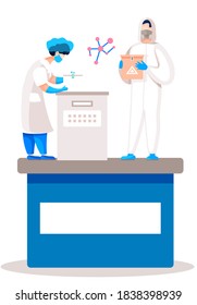 Industry concept. Safety and health. A couple of researchers open a container with a dangerous virus. Masked people. Scientists in protective suits. Opening a box with the dangerous toxic substance