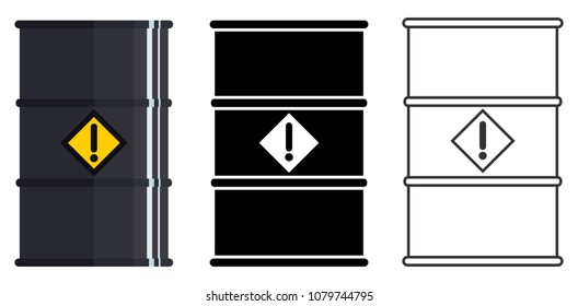 Industry concept. Set of barrels for radioactive, toxic, hazardous, dangerous, explosive, flammable and poisonous substances and liquids isolated in flat style: colored, black silhouette and contour