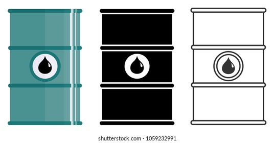 Industry concept. Set of different barrels for oils, hazardous, dangerous, flammable and poisonous substances isolated in flat style: colored, black silhouette and contour. Vector illustration