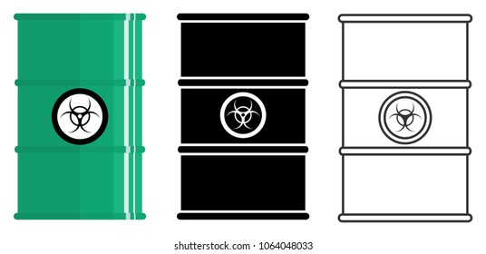 Industry concept. Set of different barrels for radioactive, toxic, hazardous, dangerous, flammable and poisonous substances isolated in flat style: colored, black silhouette and contour. Vector.