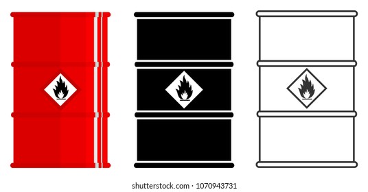 Industry concept. Set of different barrels for radioactive, toxic, hazardous, dangerous, explosive, flammable and poisonous substances isolated in flat style: colored, black silhouette and contour.