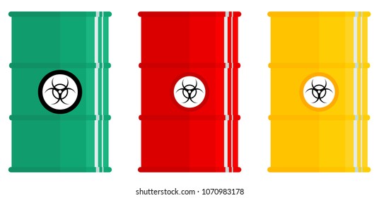 Industry concept. Set of different colored metal barrels for radioactive, toxic, hazardous, dangerous, flammable and poisonous substances isolated in flat style. Vector illustration.