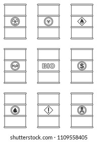 Industry concept. Set of different contour silhouettes barrel for liquids: water, oil, biofuel, explosive, chemical, radioactive, toxic, hazardous, dangerous, flammable and poisonous substances.