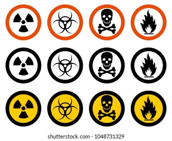 Industry concept. Set of different signs: chemical, radioactive, dangerous, toxic, poisonous, hazardous substances. Vector illustration.