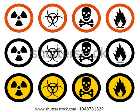 Industry concept. Set of different signs: chemical, radioactive, dangerous, toxic, poisonous, hazardous substances. Vector illustration.