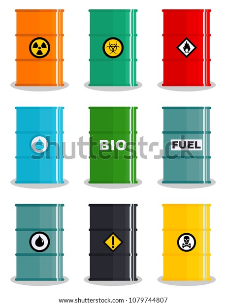 Industry concept. Set of different silhouettes\
barrel for liquids: water, oil, biofuel, explosive, chemical,\
radioactive, toxic, hazardous, dangerous, flammable and poisonous\
substances and\
liquids