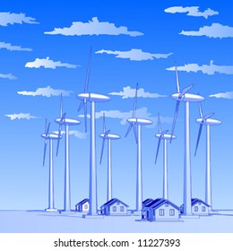 Industry concept: wind-driven generators & houses with solar power systems