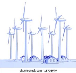 Industry concept: wind-driven generators & houses with solar power systems