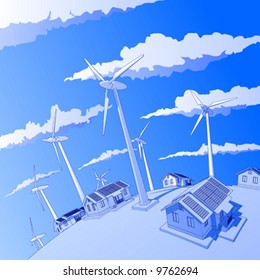 Industry concept: wind-driven generators & houses with solar power systems