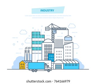 Industry, construction building. Architectural building work process houses with crane, in city and construction machines, with technical equipment. Illustration thin line design of vector doodles.