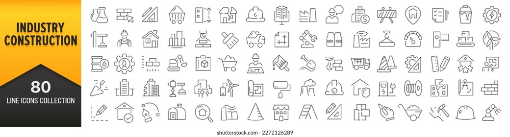 Colección de iconos de línea de construcción e industria. Un gran icono de interfaz de usuario en un diseño plano. Paquete de iconos de contorno delgado. Ilustración del vector EPS10