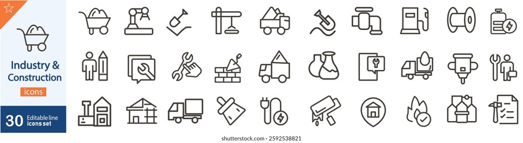 Industry and Construction Line Icons Set. Set of 30 outline icons related to industry and machinery, Vector illustration. Linear icons set. Industry and construction outline icon. editable stroke