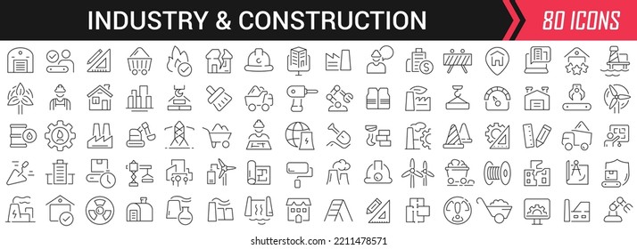 Industry and construction linear icons in black. Big UI icons collection in a flat design. Thin outline signs pack. Big set of icons for design