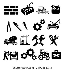 Sammlung von linearen Symbolen aus Industrie und Bauwirtschaft. Große Menge von mehr 16 dünnen Linien Symbole in Schwarz. Industrie und Bauwesen schwarze Symbole. Vektorgrafik