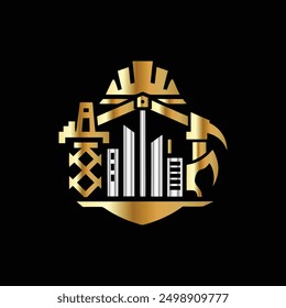 
Industry Construction Logo Icon Vector. Home Repair Logo. Building, Construction, Building, Crane, Power Plant Sign.