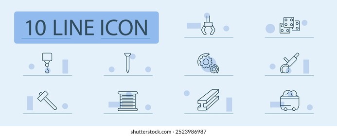 Ícone do conjunto de indústria e construção. Gancho de guindaste, unha, mecanismo de engrenagem, painel de controle, bobina, viga de aço, carrinho de mineração, máquinas-ferramentas, automação, produção de fábrica