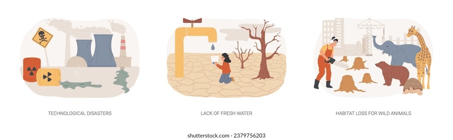 Industry contamination isolated concept vector illustration set. Technological disasters, lack of fresh water, habitat loss for wild animals, man-made environmental problem vector concept.